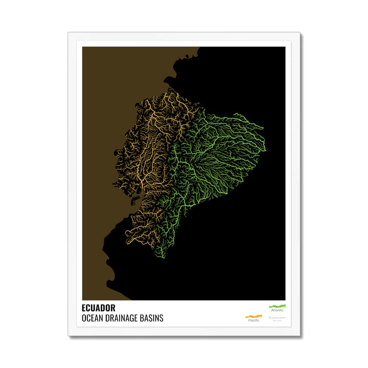 Ecuador - Ocean drainage basin map, black with legend v2 - Framed Print