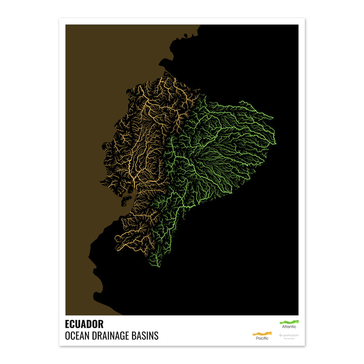 Equador - Mapa da bacia de drenagem oceânica, preto com legenda v2 - Impressão de arte fotográfica