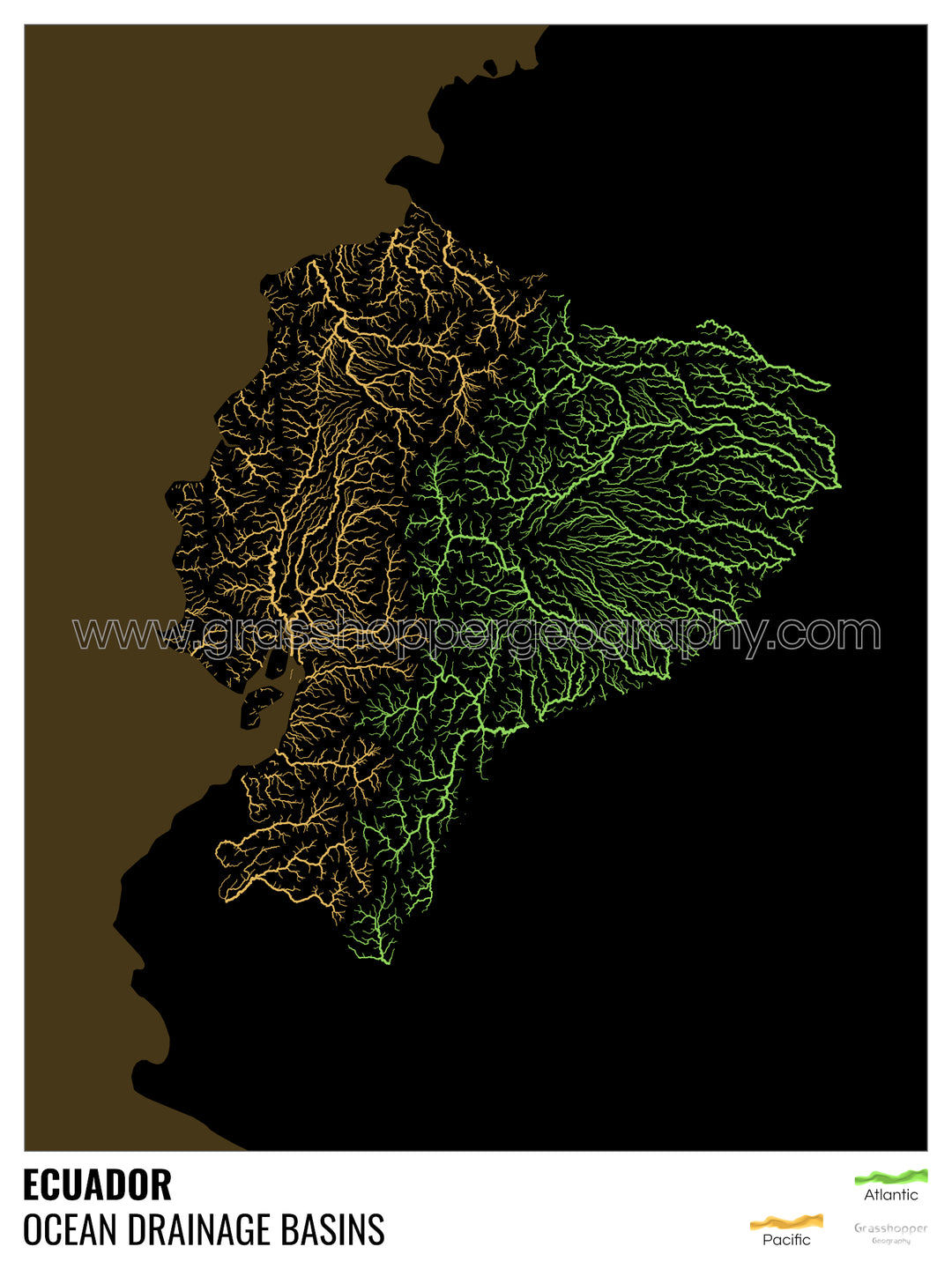 Ecuador - Mapa de la cuenca hidrográfica del océano, negro con leyenda v2 - Impresión de Bellas Artes