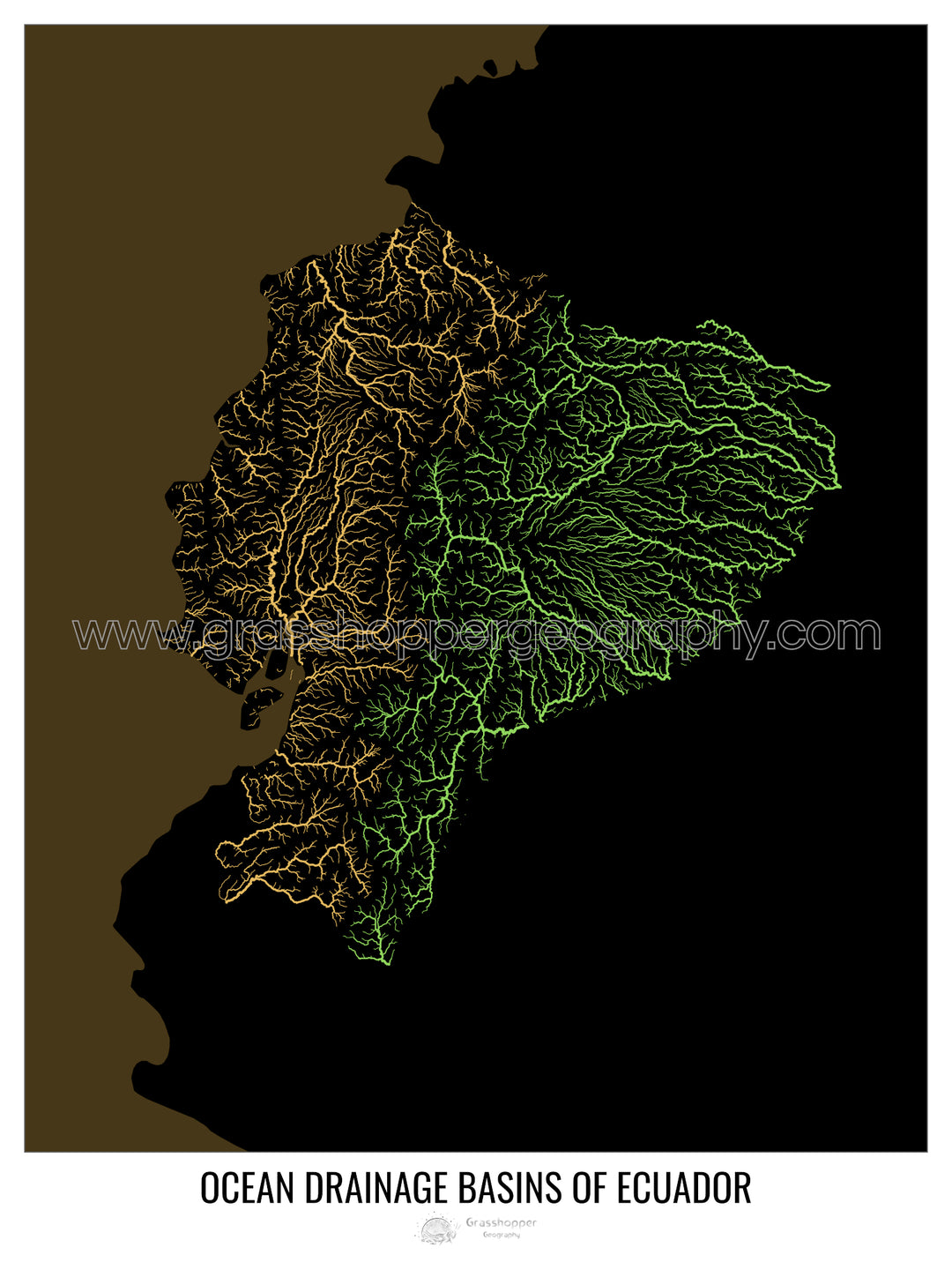 Ecuador - Mapa de la cuenca hidrográfica del océano, negro v2 - Impresión de Bellas Artes