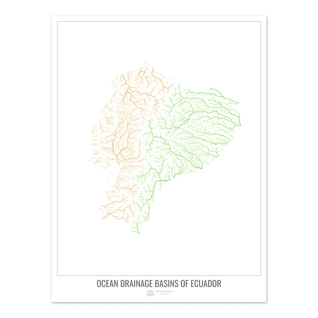 Équateur - Carte des bassins hydrographiques océaniques, blanc v1 - Fine Art Print