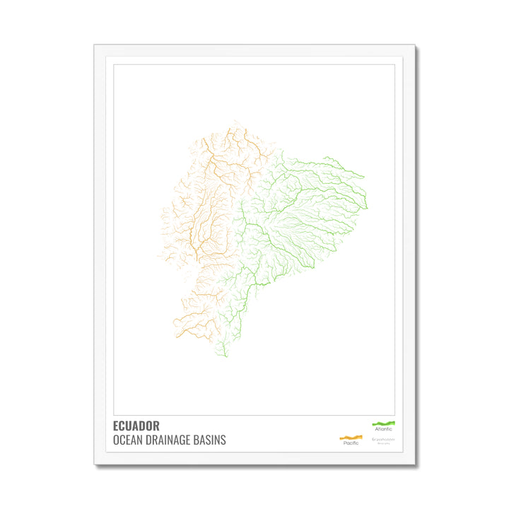 Ecuador - Ocean drainage basin map, white with legend v1 - Framed Print
