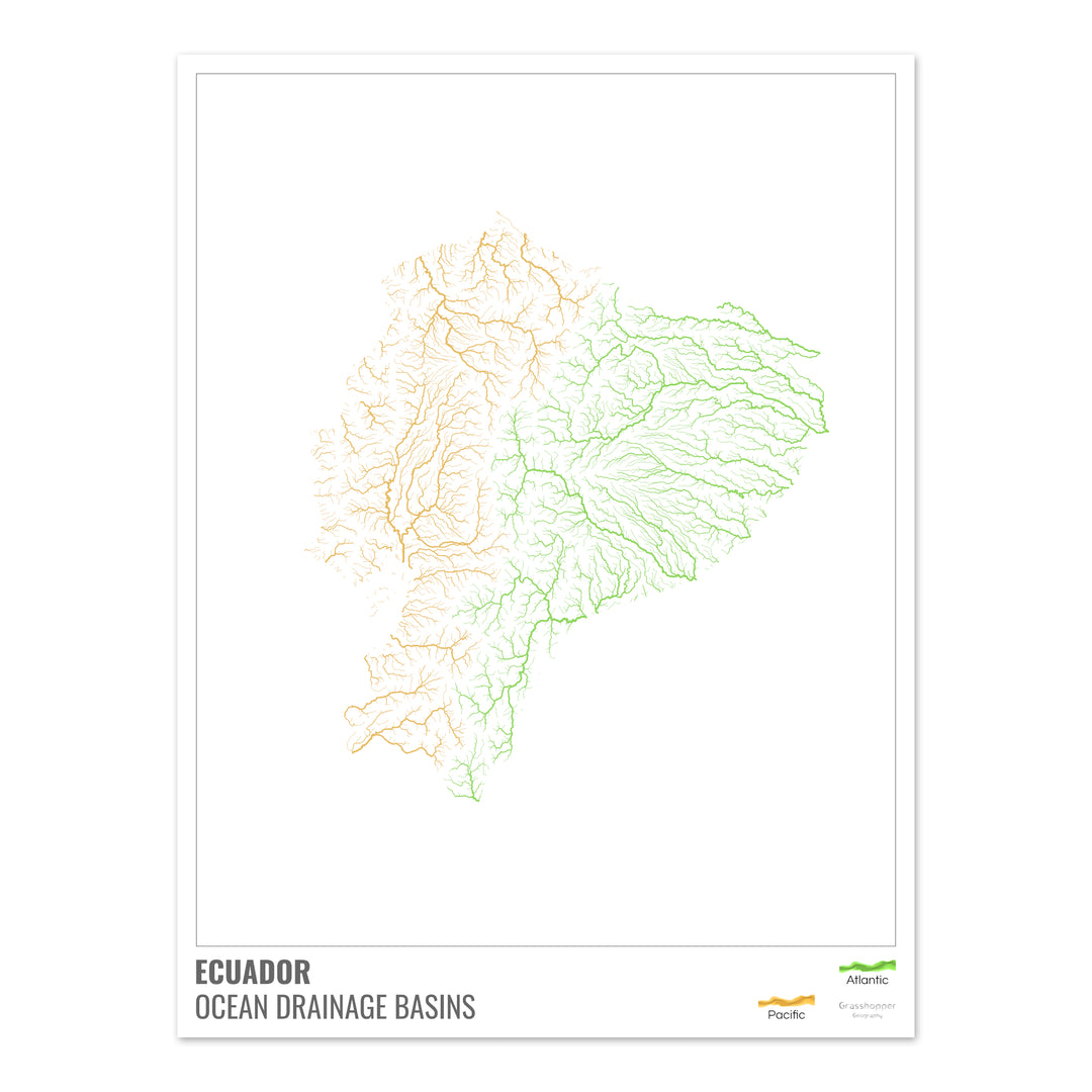 Ecuador - Mapa de la cuenca hidrográfica del océano, blanco con leyenda v1 - Impresión de Bellas Artes