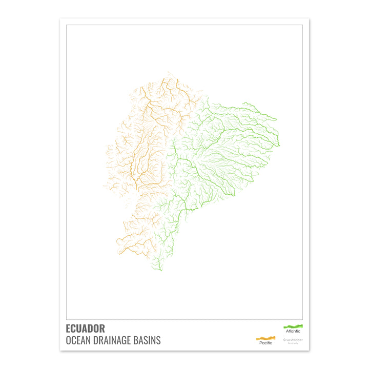 Équateur - Carte des bassins hydrographiques océaniques, blanche avec légende v1 - Fine Art Print
