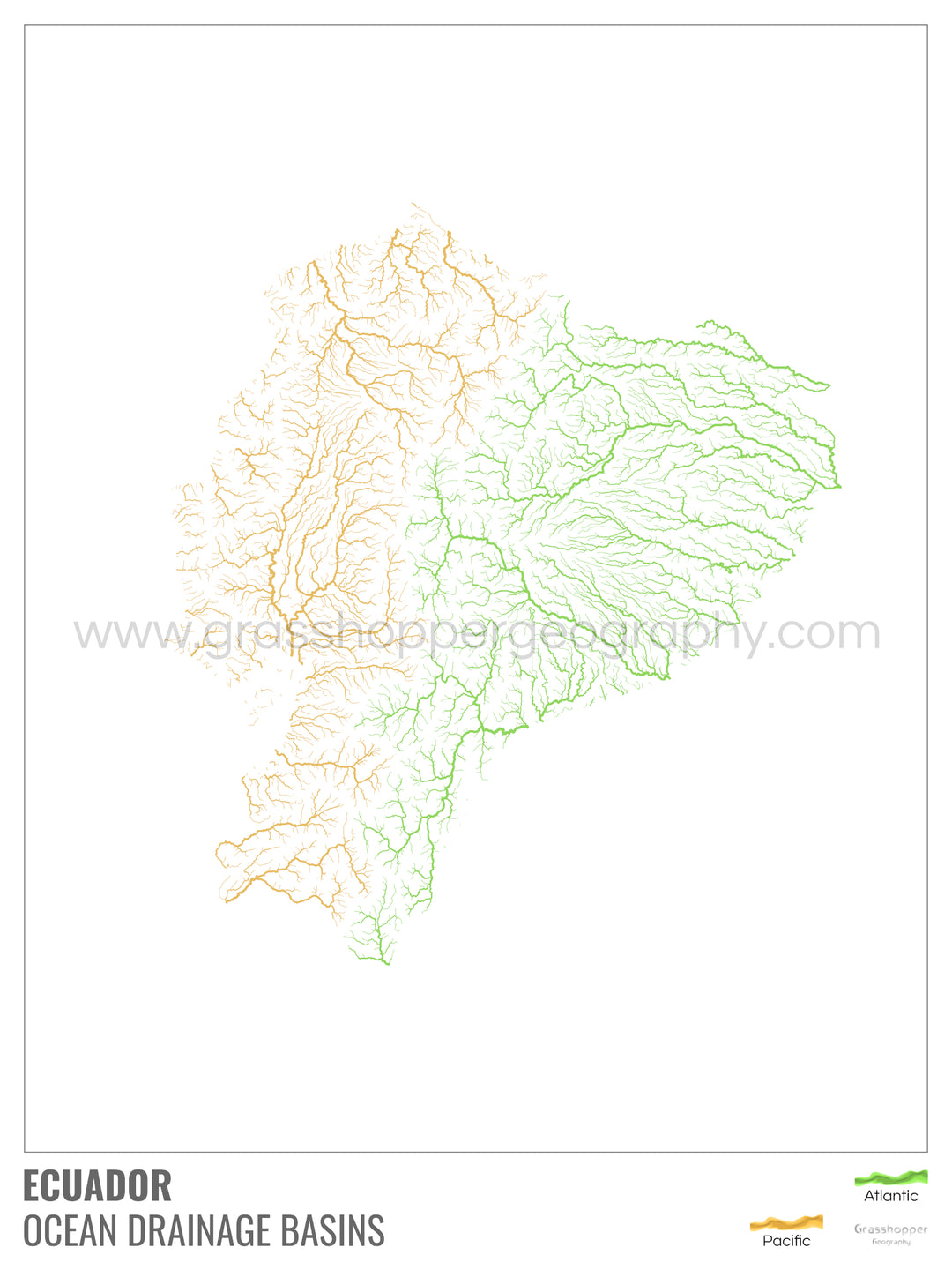 Ecuador - Mapa de la cuenca hidrográfica del océano, blanco con leyenda v1 - Impresión de Bellas Artes