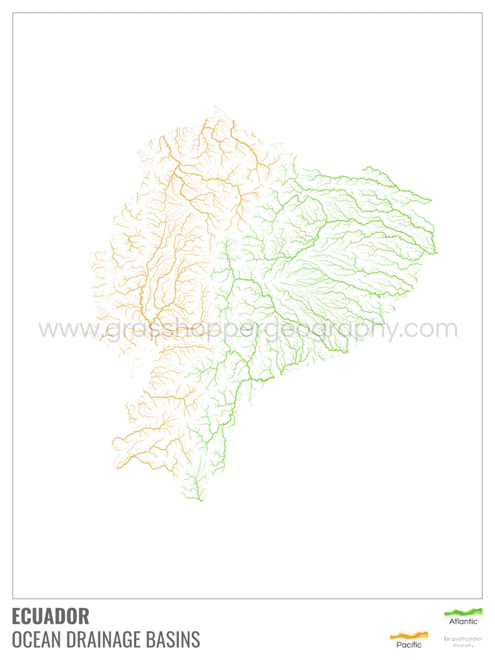 Ecuador - Mapa de la cuenca hidrográfica del océano, blanco con leyenda v1 - Impresión de Bellas Artes