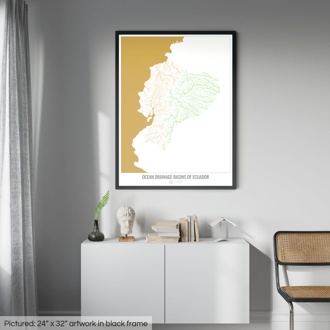 Ecuador - Ocean drainage basin map, white v2 - Framed Print