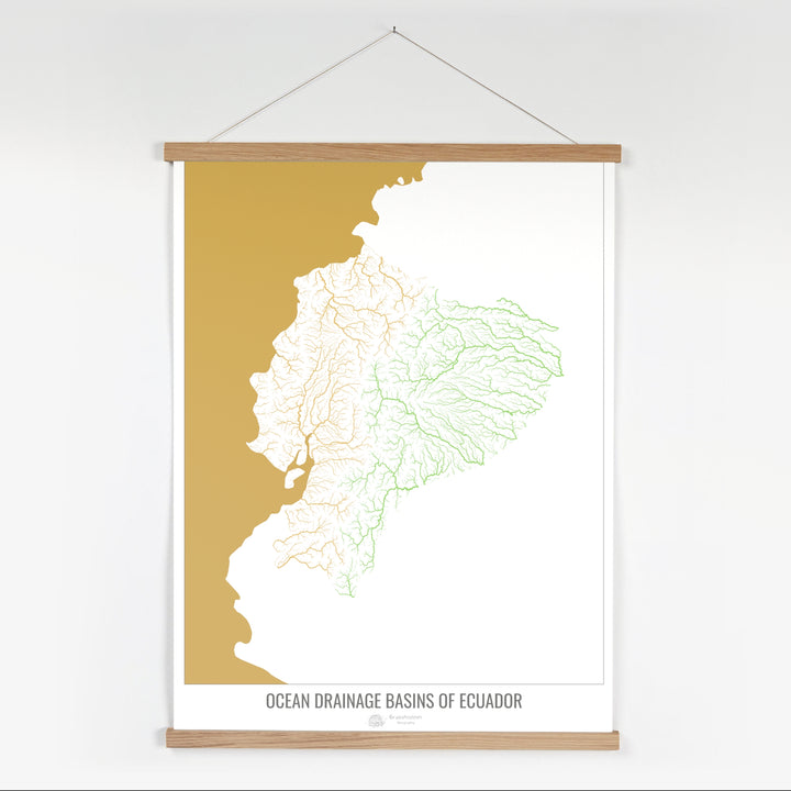 Ecuador - Mapa de la cuenca hidrográfica del océano, blanco v2 - Impresión artística con colgador