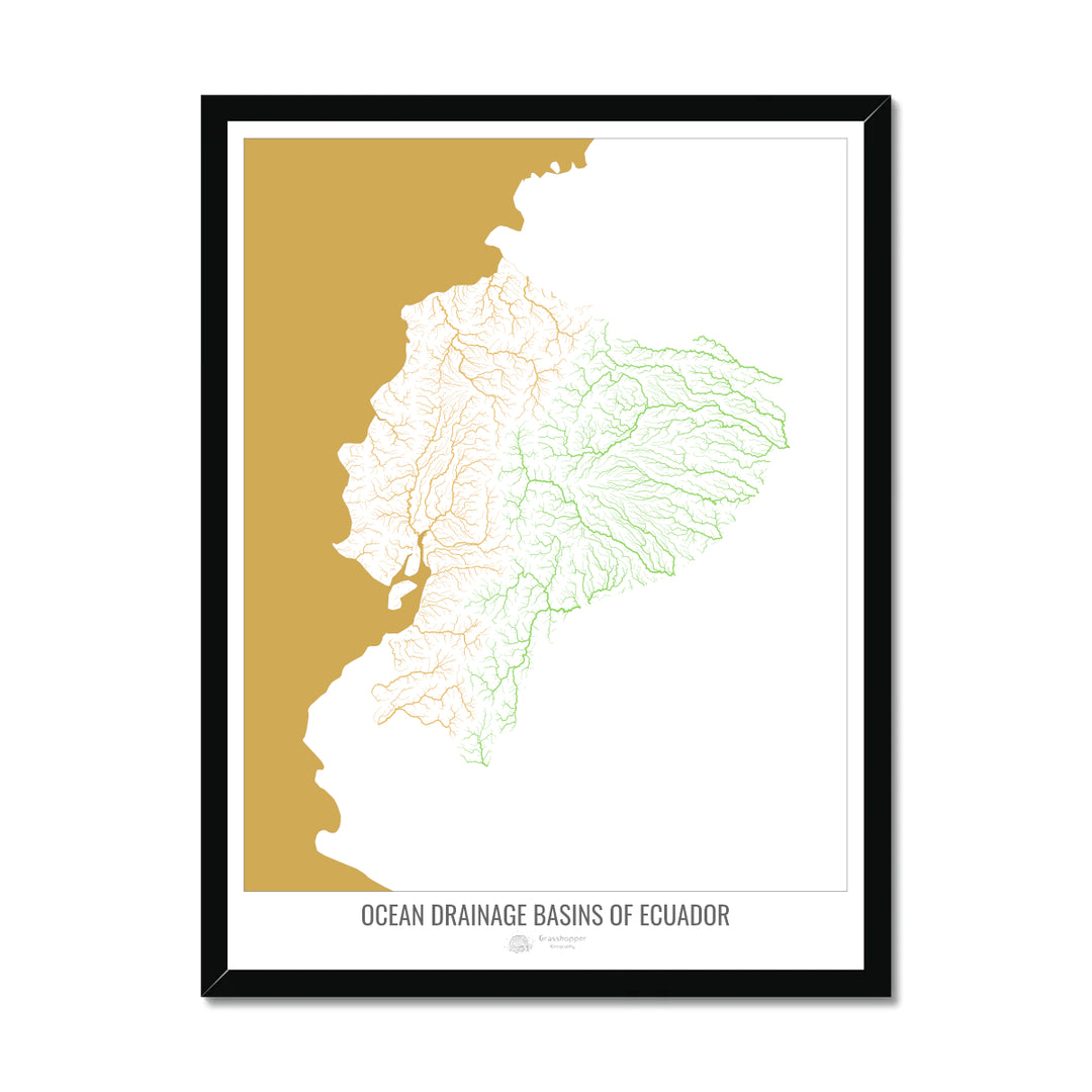 Ecuador - Mapa de la cuenca hidrográfica del océano, blanco v2 - Lámina enmarcada