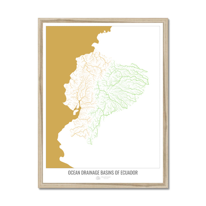 Ecuador - Mapa de la cuenca hidrográfica del océano, blanco v2 - Lámina enmarcada