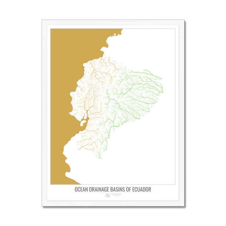 Équateur - Carte du bassin versant océanique, blanc v2 - Impression encadrée