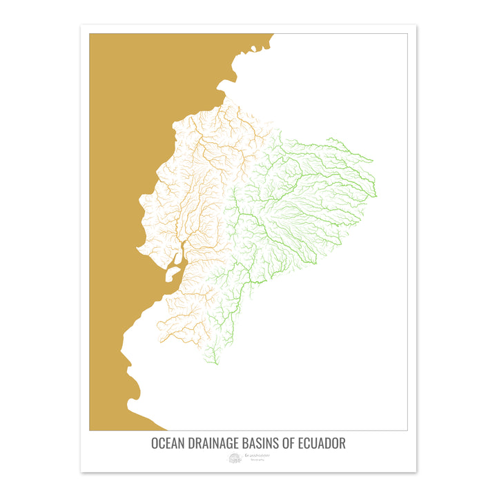 Ecuador - Mapa de la cuenca hidrográfica del océano, blanco v2 - Impresión de bellas artes