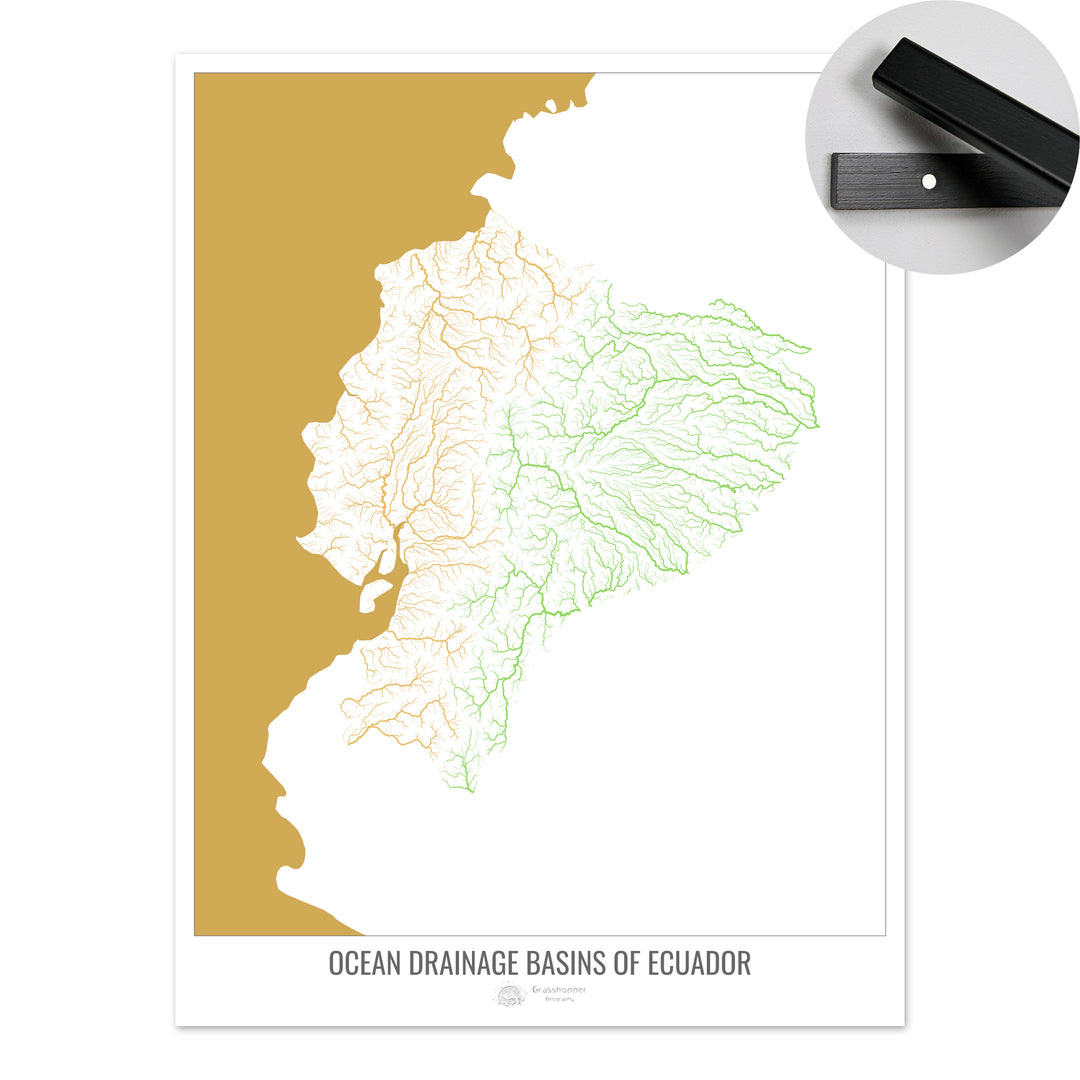 Équateur - Carte du bassin versant océanique, blanc v2 - Tirage d'art avec cintre