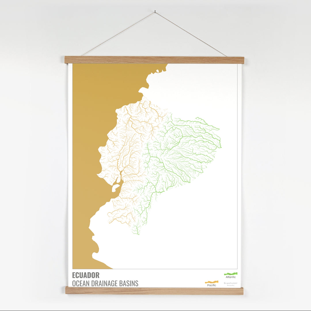 Ecuador - Mapa de la cuenca hidrográfica del océano, blanco con leyenda v2 - Impresión artística con colgador