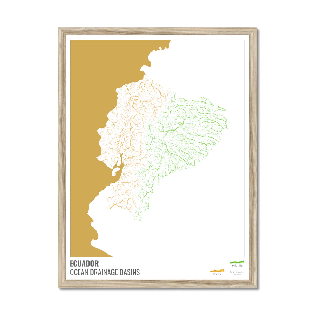 Ecuador - Ocean drainage basin map, white with legend v2 - Framed Print
