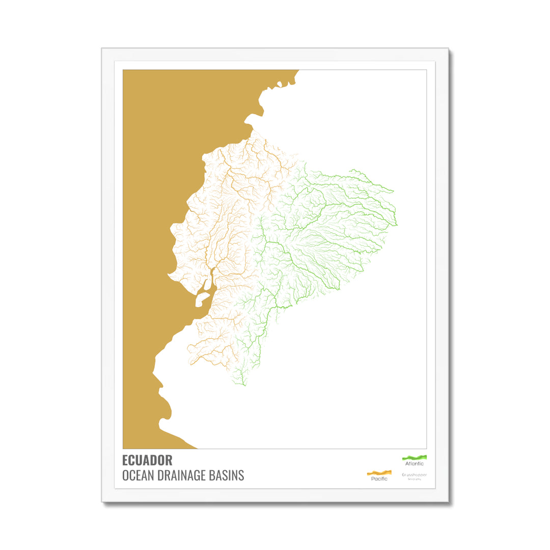 Ecuador - Ocean drainage basin map, white with legend v2 - Framed Print