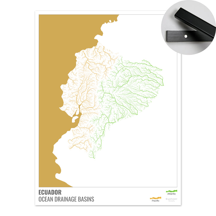 Ecuador - Mapa de la cuenca hidrográfica del océano, blanco con leyenda v2 - Impresión artística con colgador