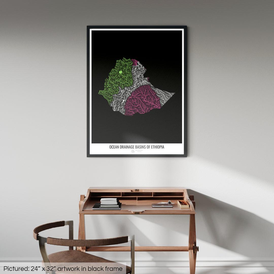 Ethiopia - Ocean drainage basin map, black v1 - Framed Print