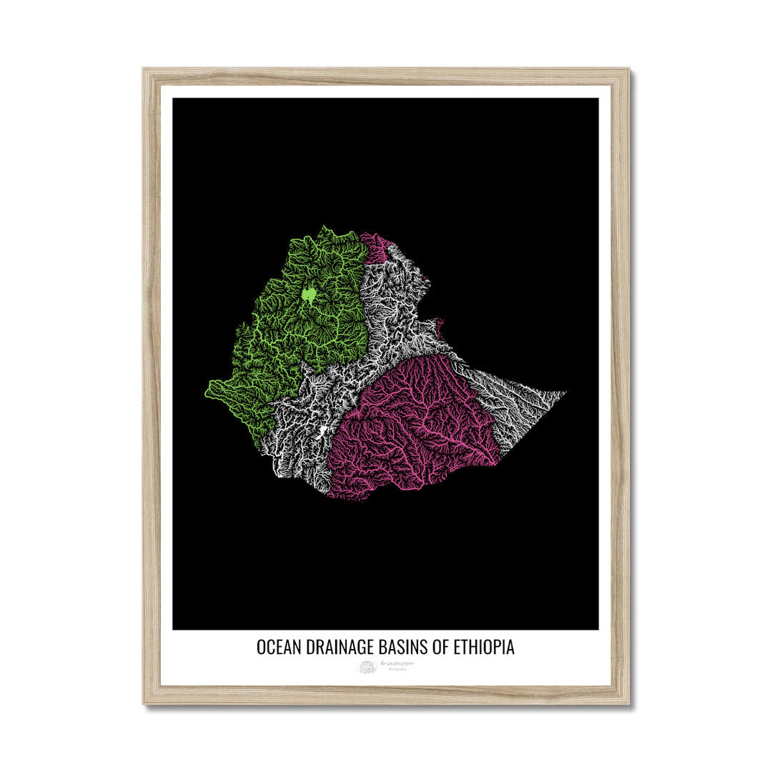 Ethiopia - Ocean drainage basin map, black v1 - Framed Print