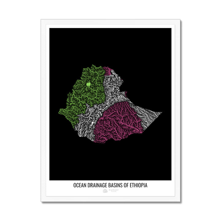 Ethiopia - Ocean drainage basin map, black v1 - Framed Print