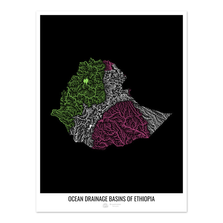 Ethiopia - Ocean drainage basin map, black v1 - Fine Art Print