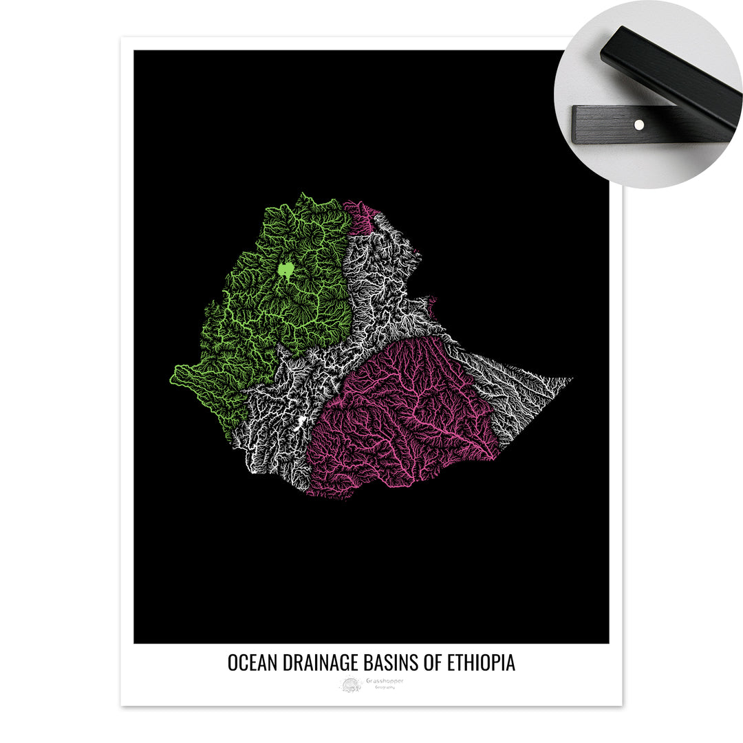 Ethiopia - Ocean drainage basin map, black v1 - Fine Art Print with Hanger