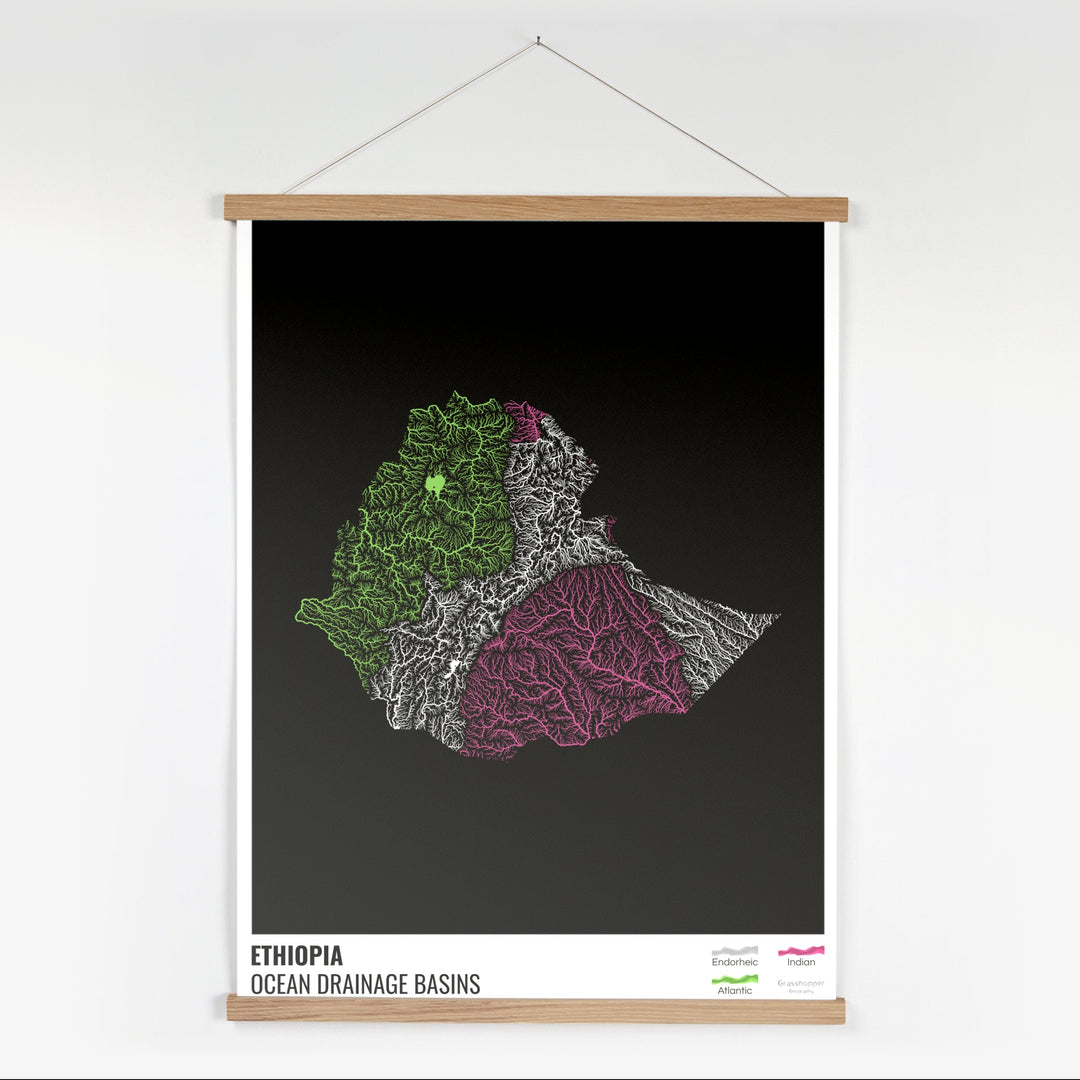 Etiopía - Mapa de la cuenca hidrográfica del océano, negro con leyenda v1 - Impresión artística con colgador