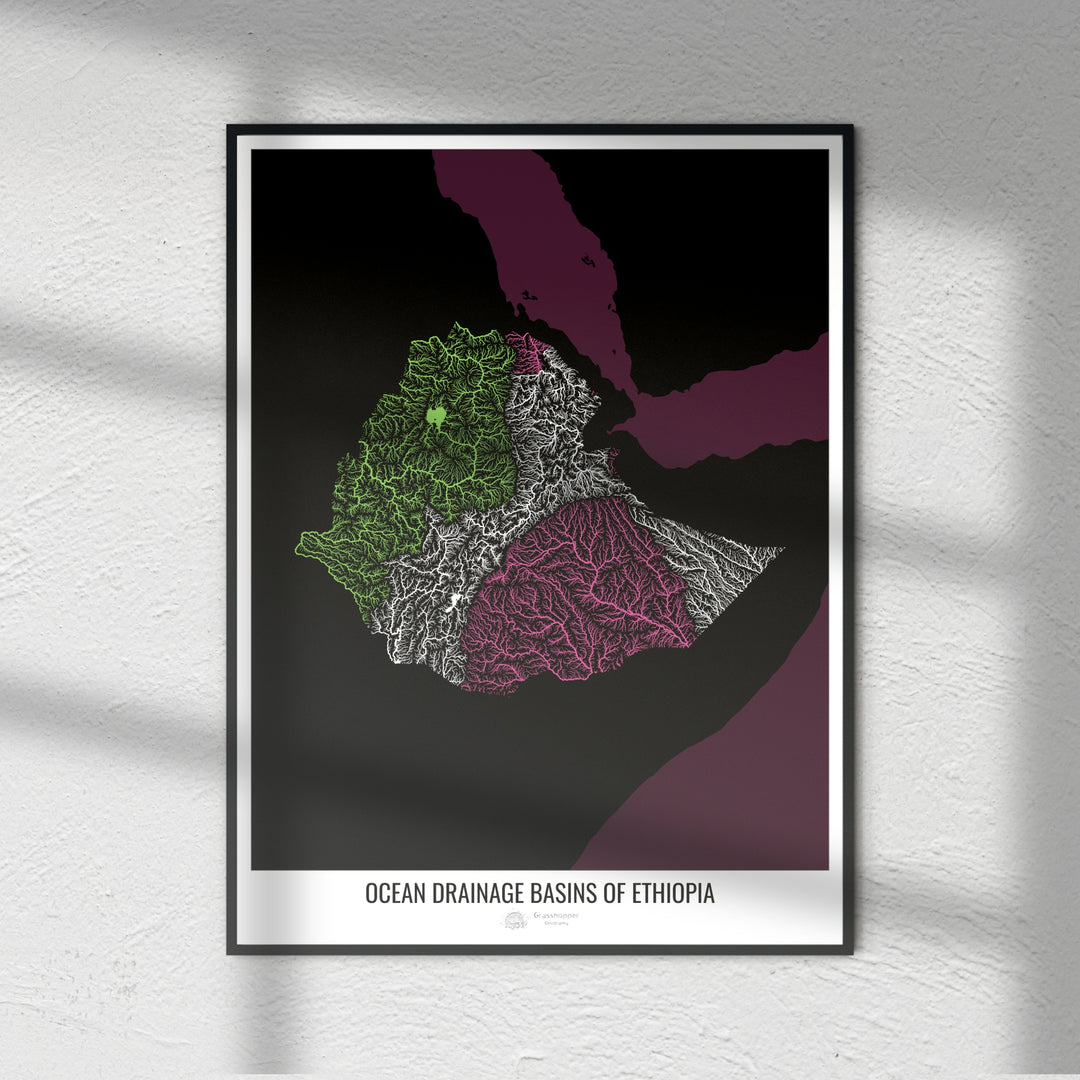 Éthiopie - Carte des bassins hydrographiques océaniques, noir v2 - Fine Art Print