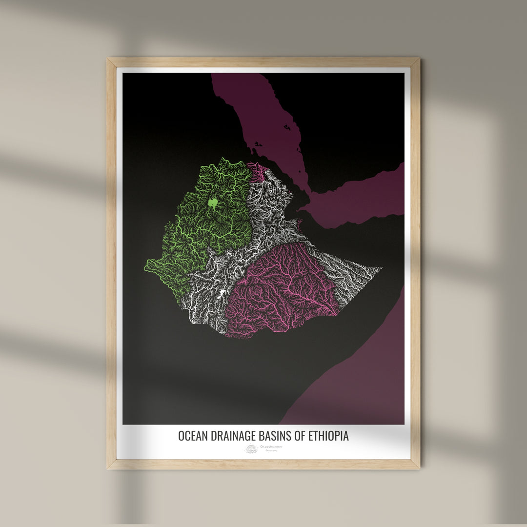 Ethiopia - Ocean drainage basin map, black v2 - Photo Art Print
