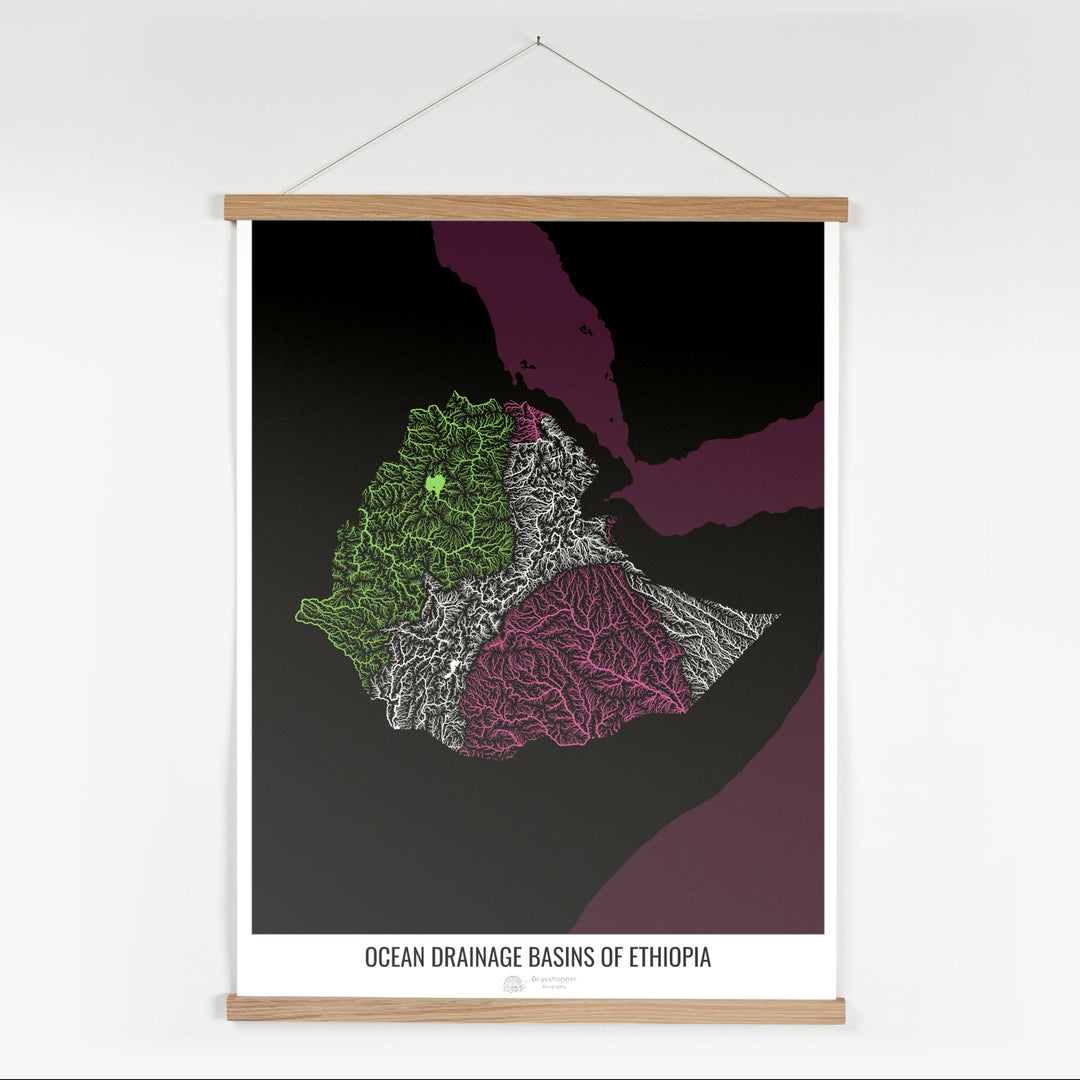 Ethiopia - Ocean drainage basin map, black v2 - Fine Art Print with Hanger