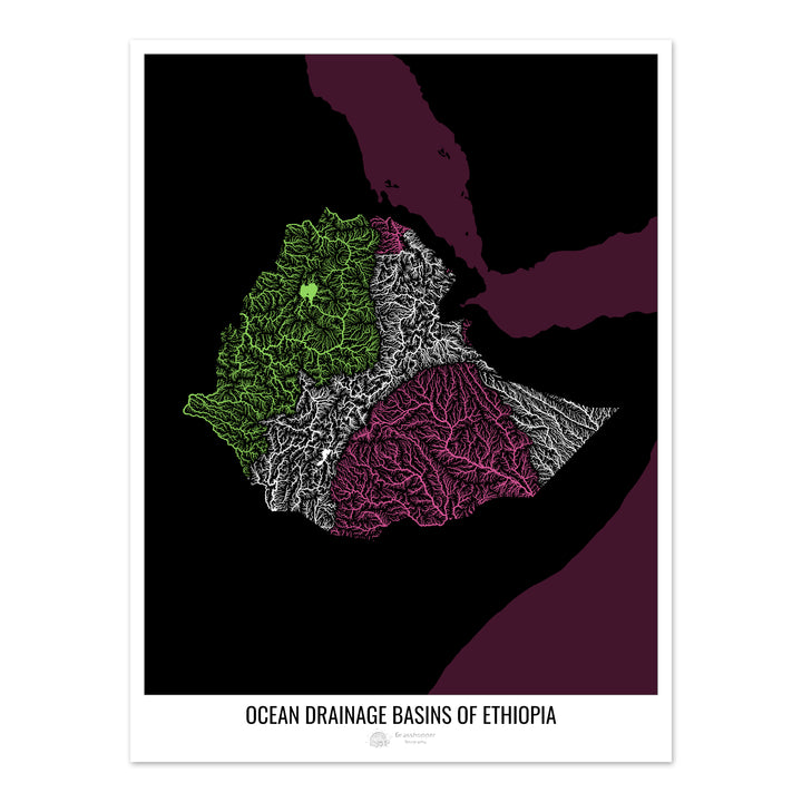 Ethiopia - Ocean drainage basin map, black v2 - Fine Art Print