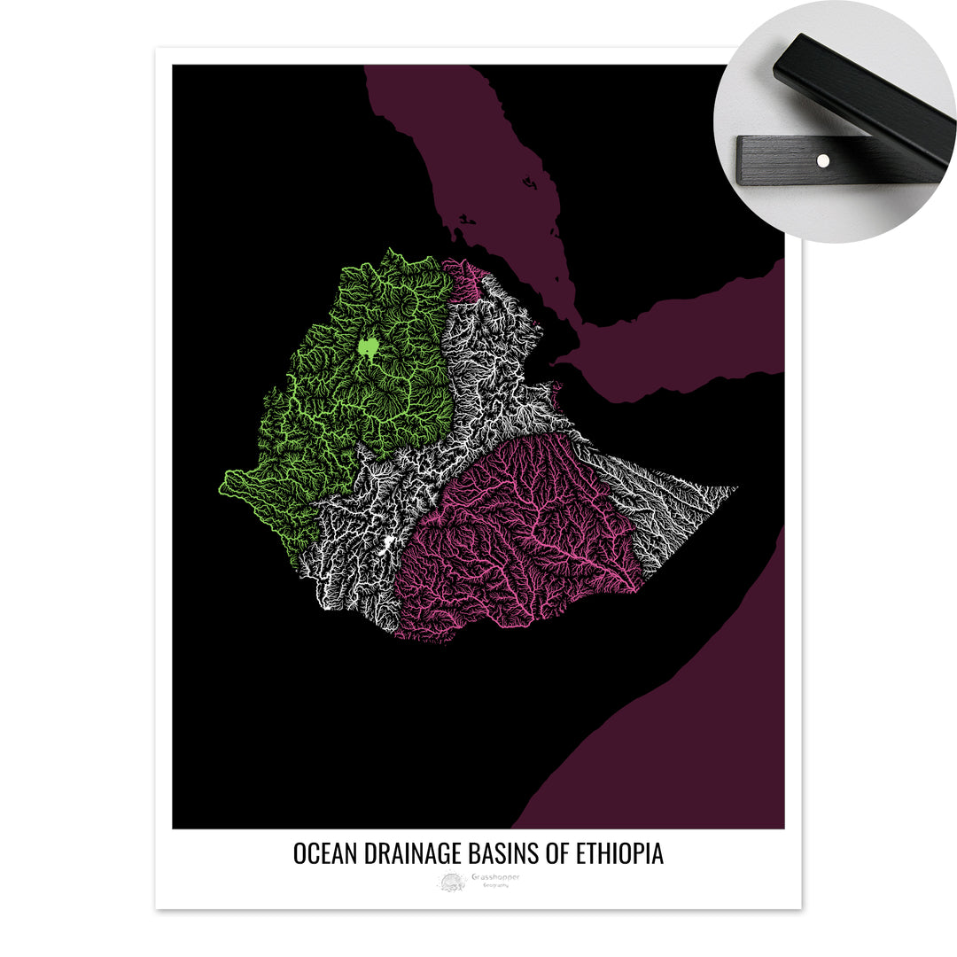 Ethiopia - Ocean drainage basin map, black v2 - Fine Art Print with Hanger