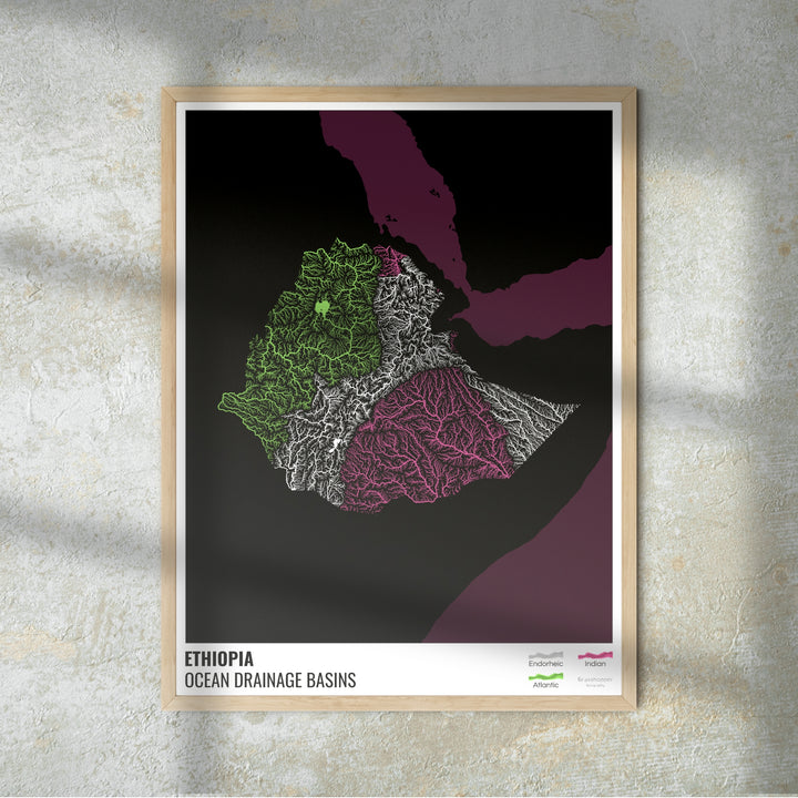 Etiopía - Mapa de la cuenca hidrográfica del océano, negro con leyenda v2 - Impresión fotográfica