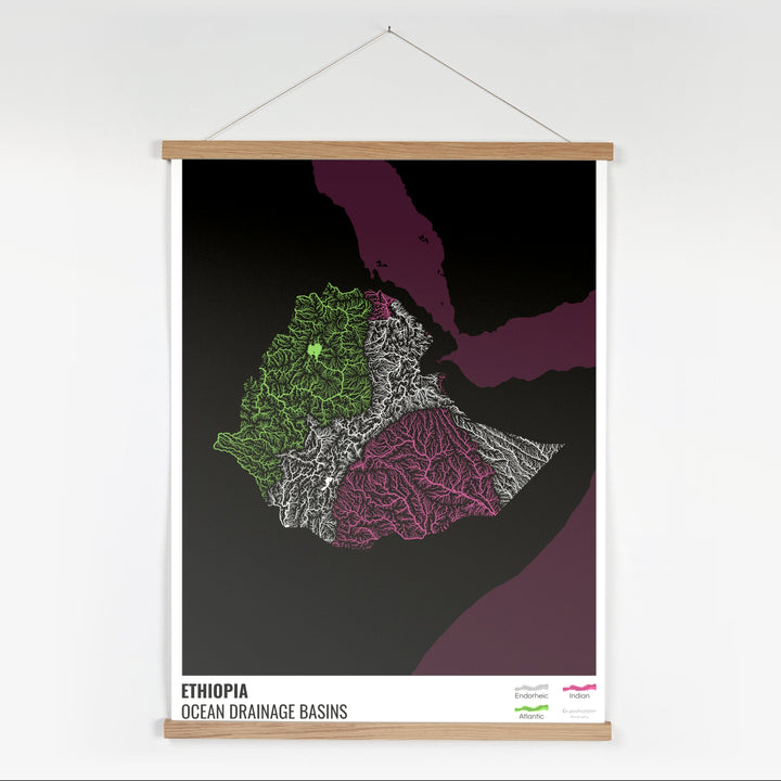 Etiopía - Mapa de la cuenca hidrográfica del océano, negro con leyenda v2 - Impresión artística con colgador