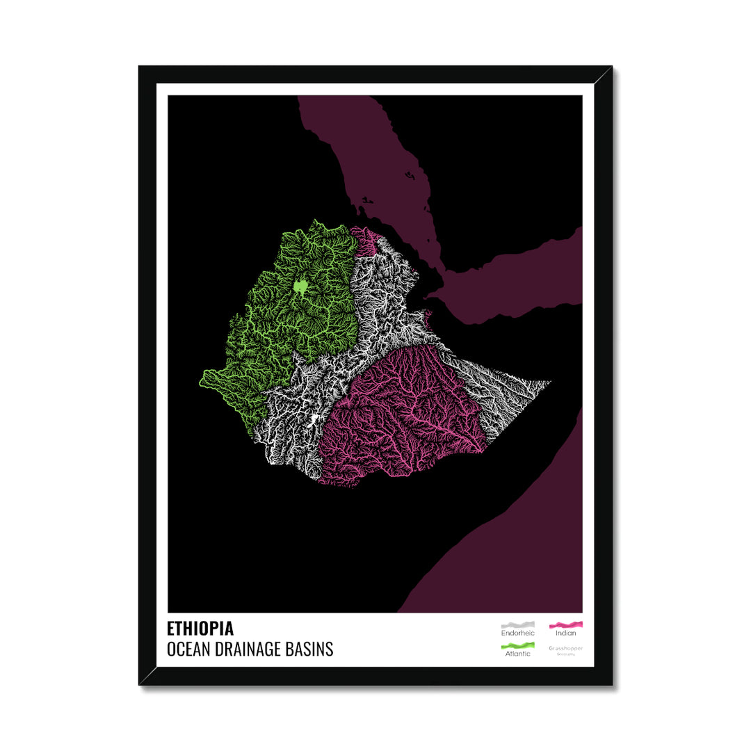 Ethiopia - Ocean drainage basin map, black with legend v2 - Framed Print