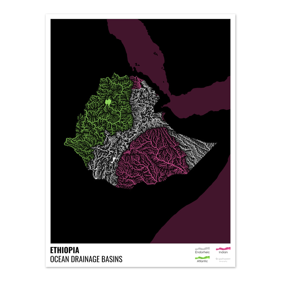 Etiopía - Mapa de la cuenca hidrográfica del océano, negro con leyenda v2 - Impresión fotográfica