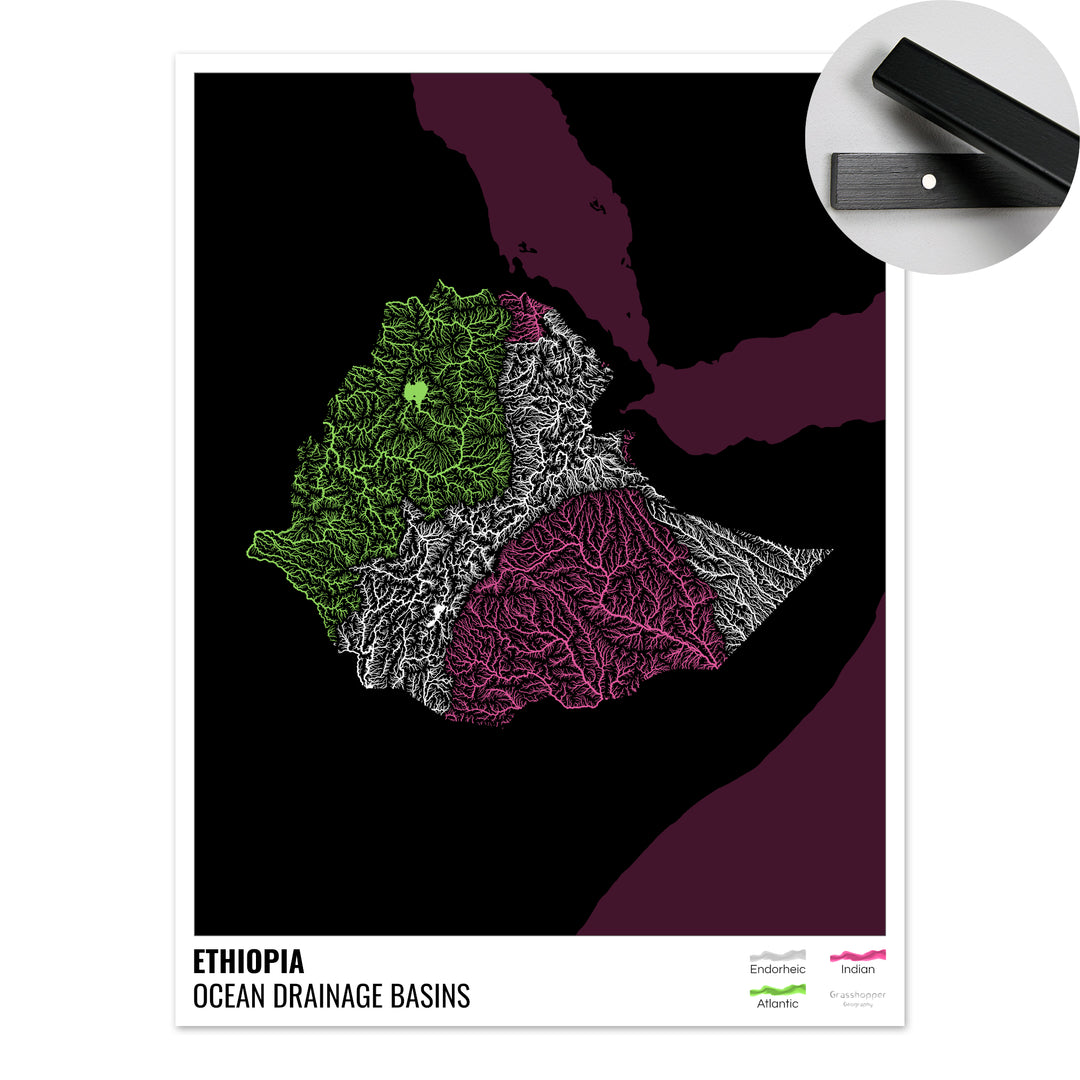 Etiopía - Mapa de la cuenca hidrográfica del océano, negro con leyenda v2 - Impresión artística con colgador