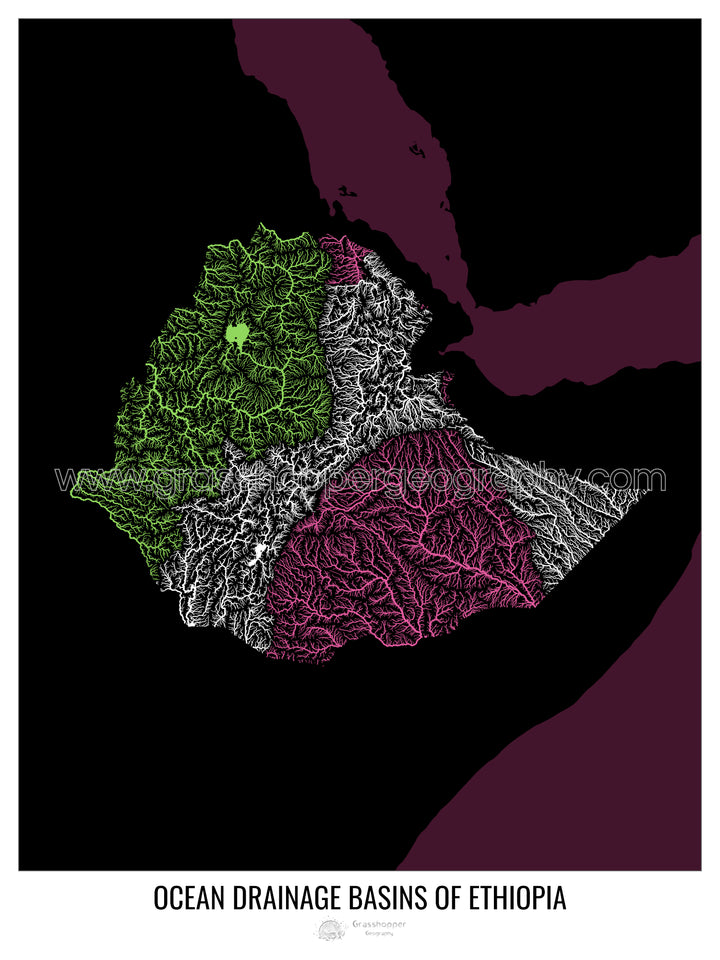 Etiopía - Mapa de la cuenca hidrográfica del océano, negro v2 - Impresión de bellas artes