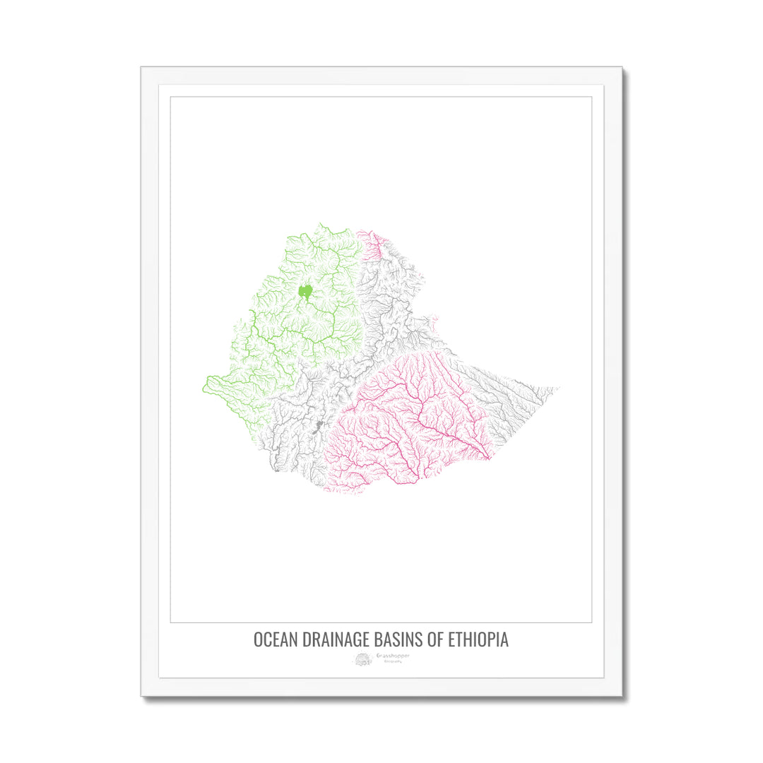 Ethiopia - Ocean drainage basin map, white v1 - Framed Print