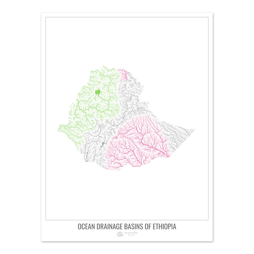 Etiopía - Mapa de la cuenca hidrográfica del océano, blanco v1 - Impresión fotográfica
