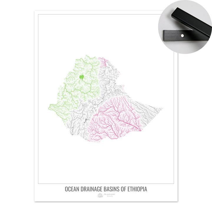 Éthiopie - Carte du bassin versant océanique, blanc v1 - Tirage d'art avec cintre