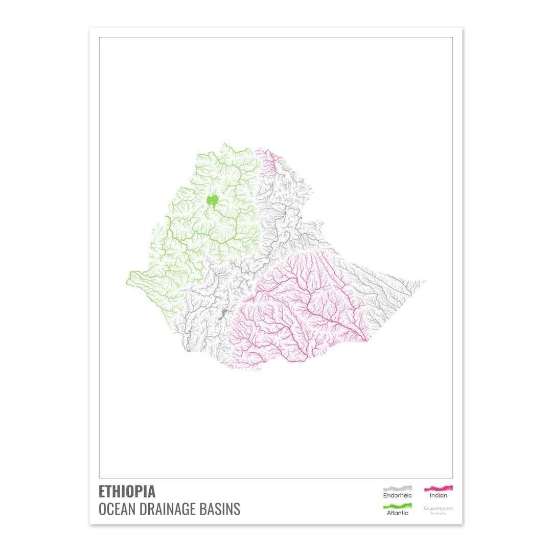 Ethiopia - Ocean drainage basin map, white with legend v1 - Fine Art Print