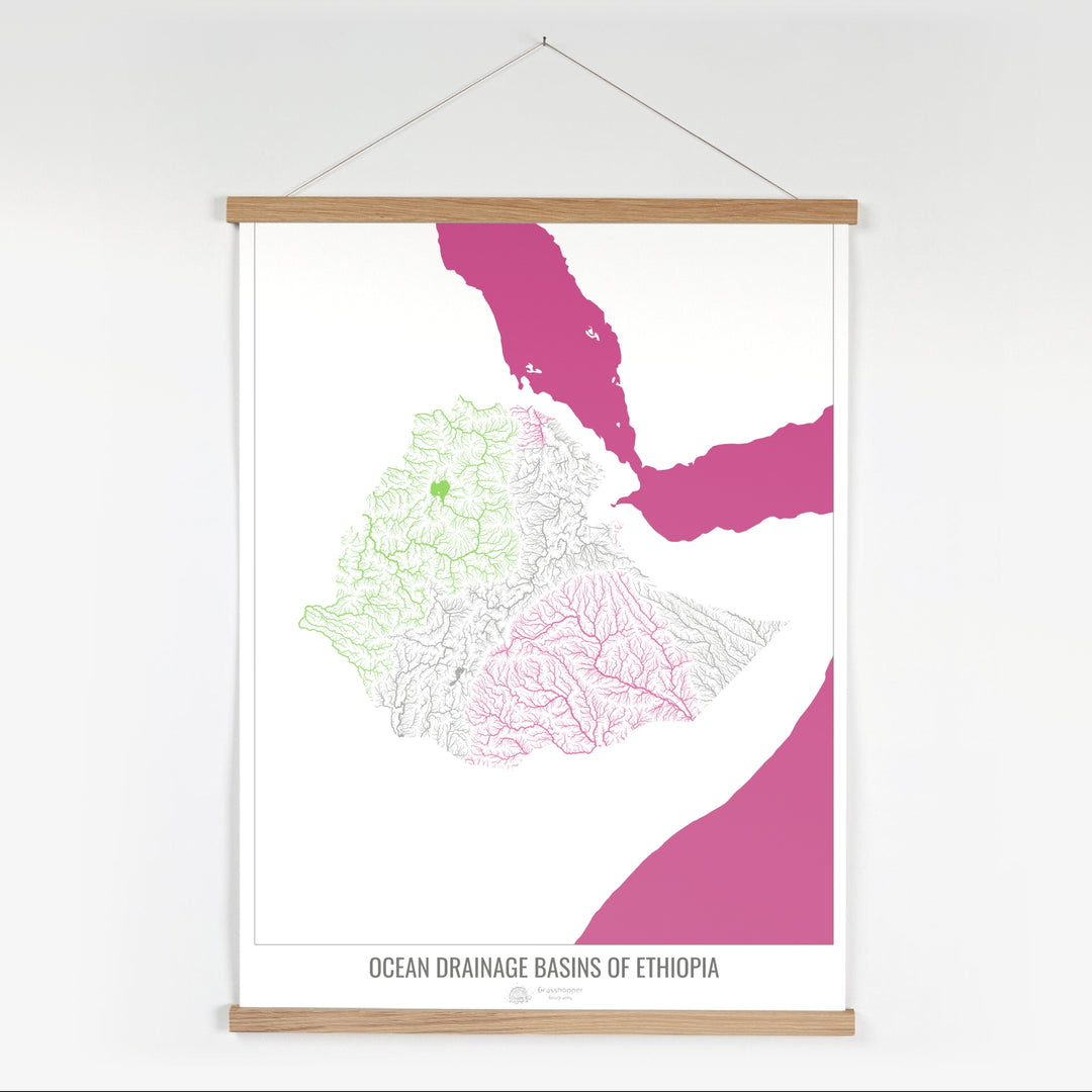 Etiopía - Mapa de la cuenca hidrográfica del océano, blanco v2 - Impresión artística con colgador