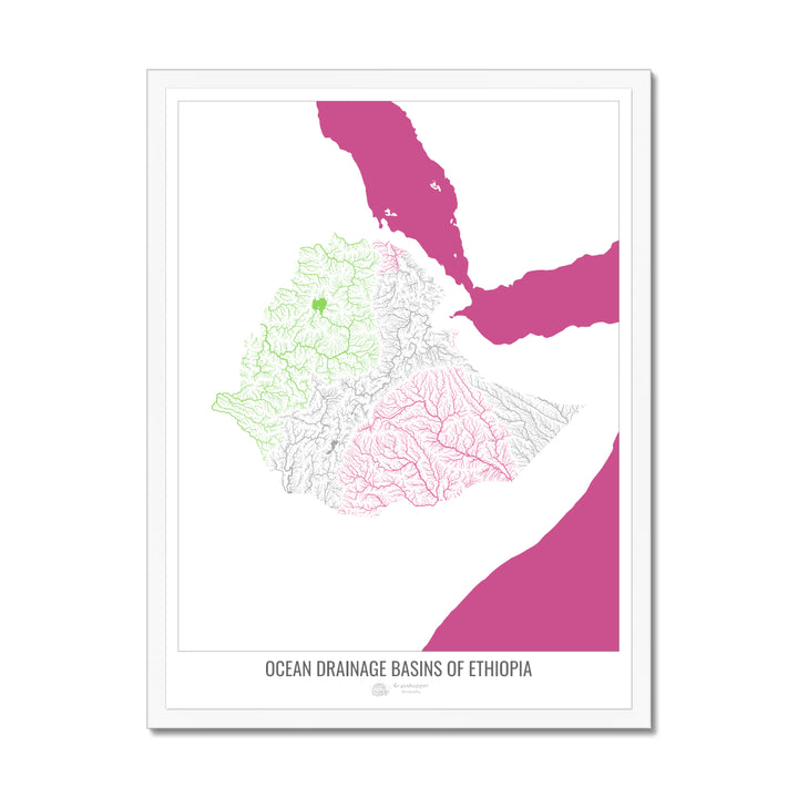 Ethiopia - Ocean drainage basin map, white v2 - Framed Print