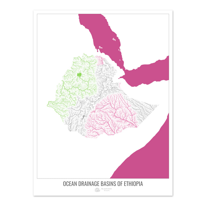 Etiopía - Mapa de la cuenca hidrográfica del océano, blanco v2 - Impresión de bellas artes
