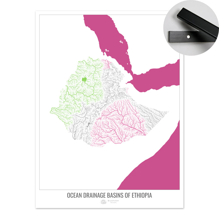 Etiopía - Mapa de la cuenca hidrográfica del océano, blanco v2 - Impresión artística con colgador