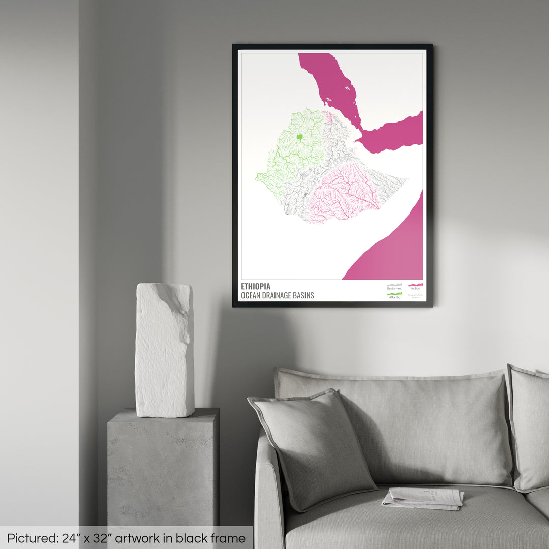 Ethiopia - Ocean drainage basin map, white with legend v2 - Framed Print