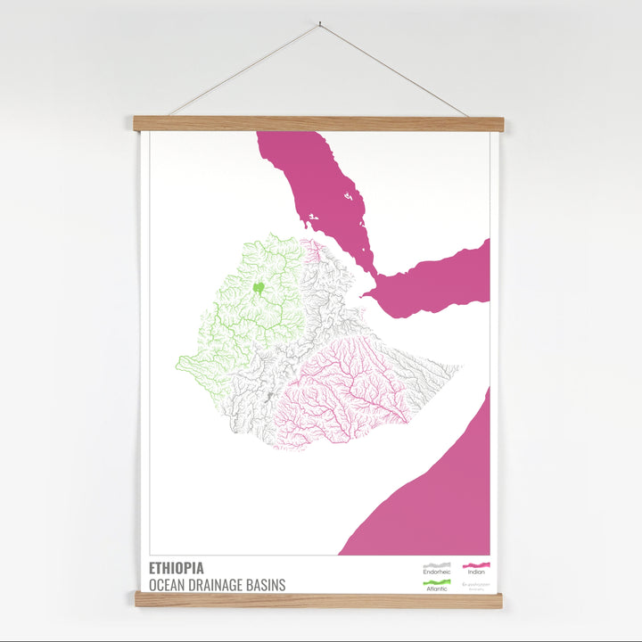 Etiopía - Mapa de la cuenca hidrográfica del océano, blanco con leyenda v2 - Impresión artística con colgador