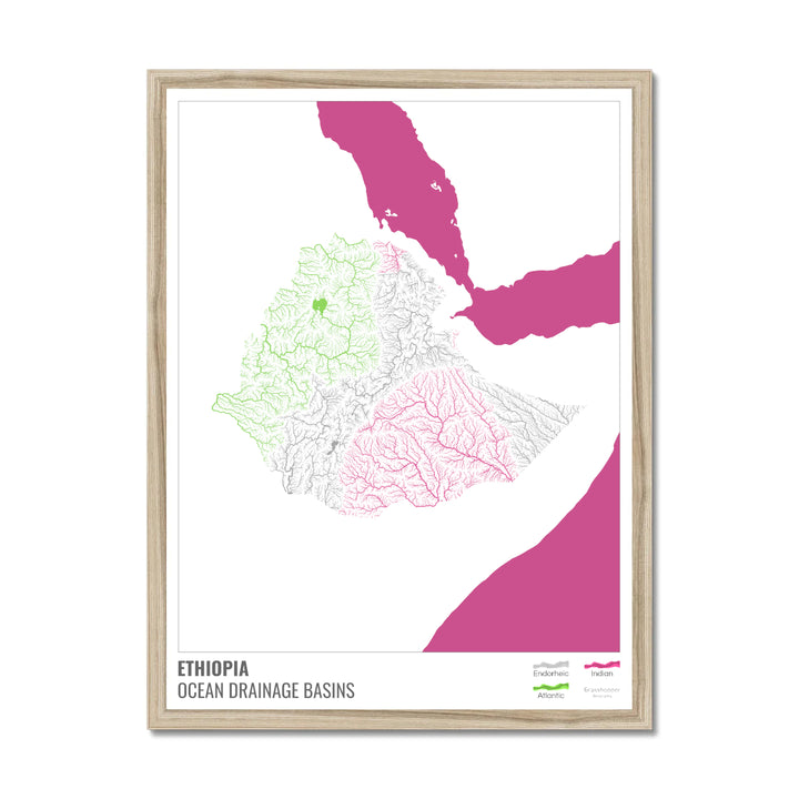 Ethiopia - Ocean drainage basin map, white with legend v2 - Framed Print