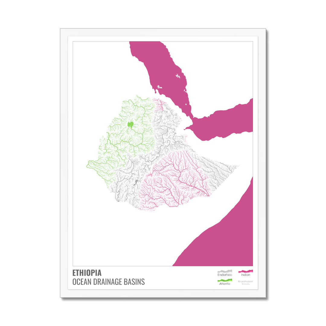 Ethiopia - Ocean drainage basin map, white with legend v2 - Framed Print